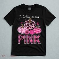 In October We Wear Pink Ribbon Leopard Pumpkin Breast Cancer T-Shirt thumb 5