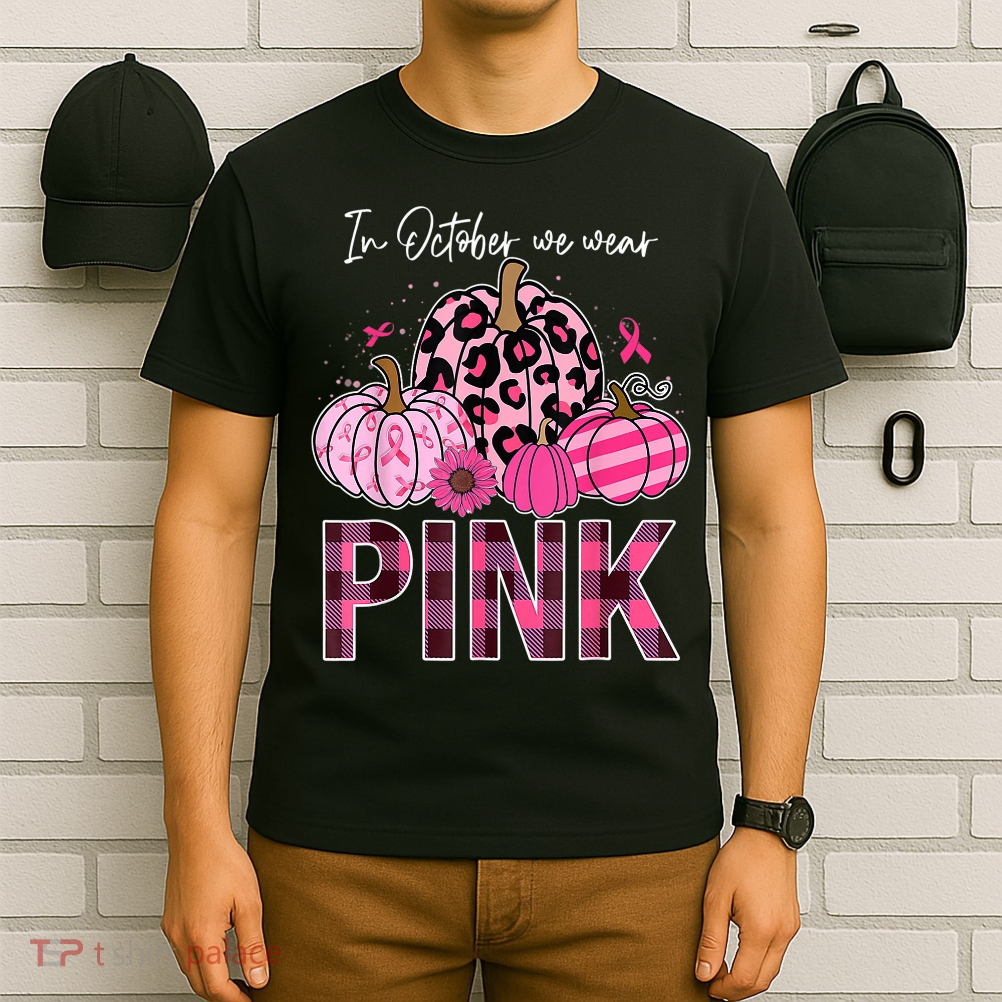 In October We Wear Pink Ribbon Leopard Pumpkin Breast Cancer T-Shirt