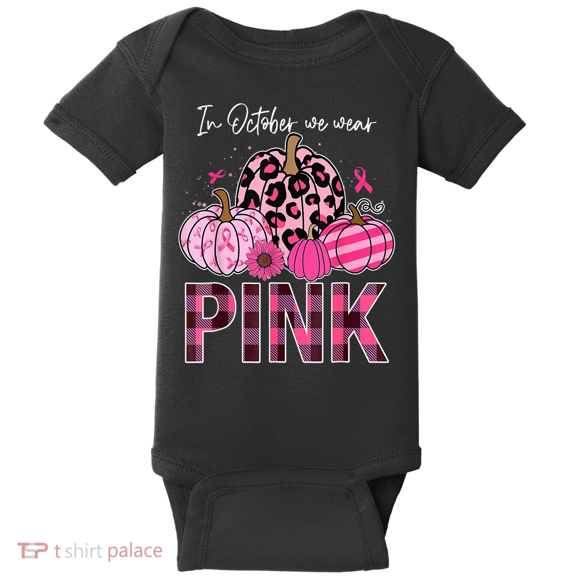 In October We Wear Pink Ribbon Leopard Pumpkin Breast Cancer Baby Bodysuit