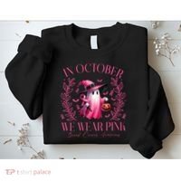 In October We Wear Pink Breast Cancer Awareness Halloween Ghost Sweatshirt thumb 2
