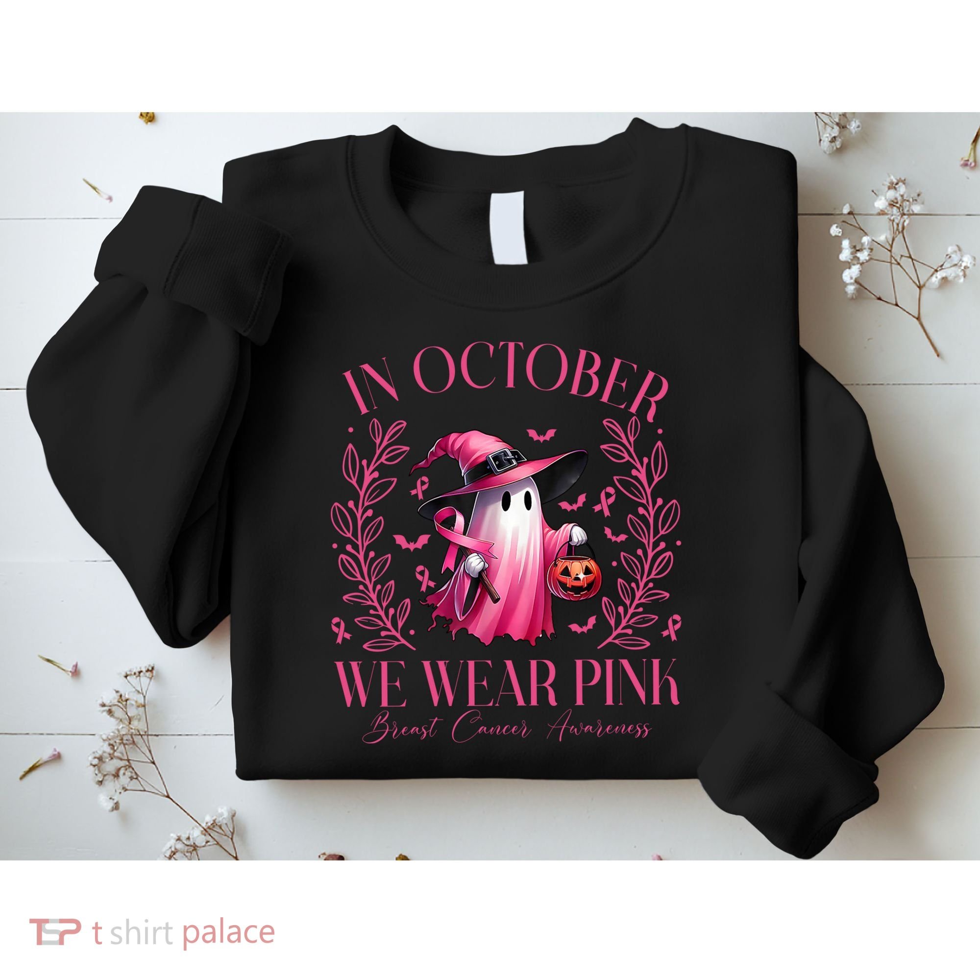 In October We Wear Pink Breast Cancer Awareness Halloween Ghost Sweatshirt