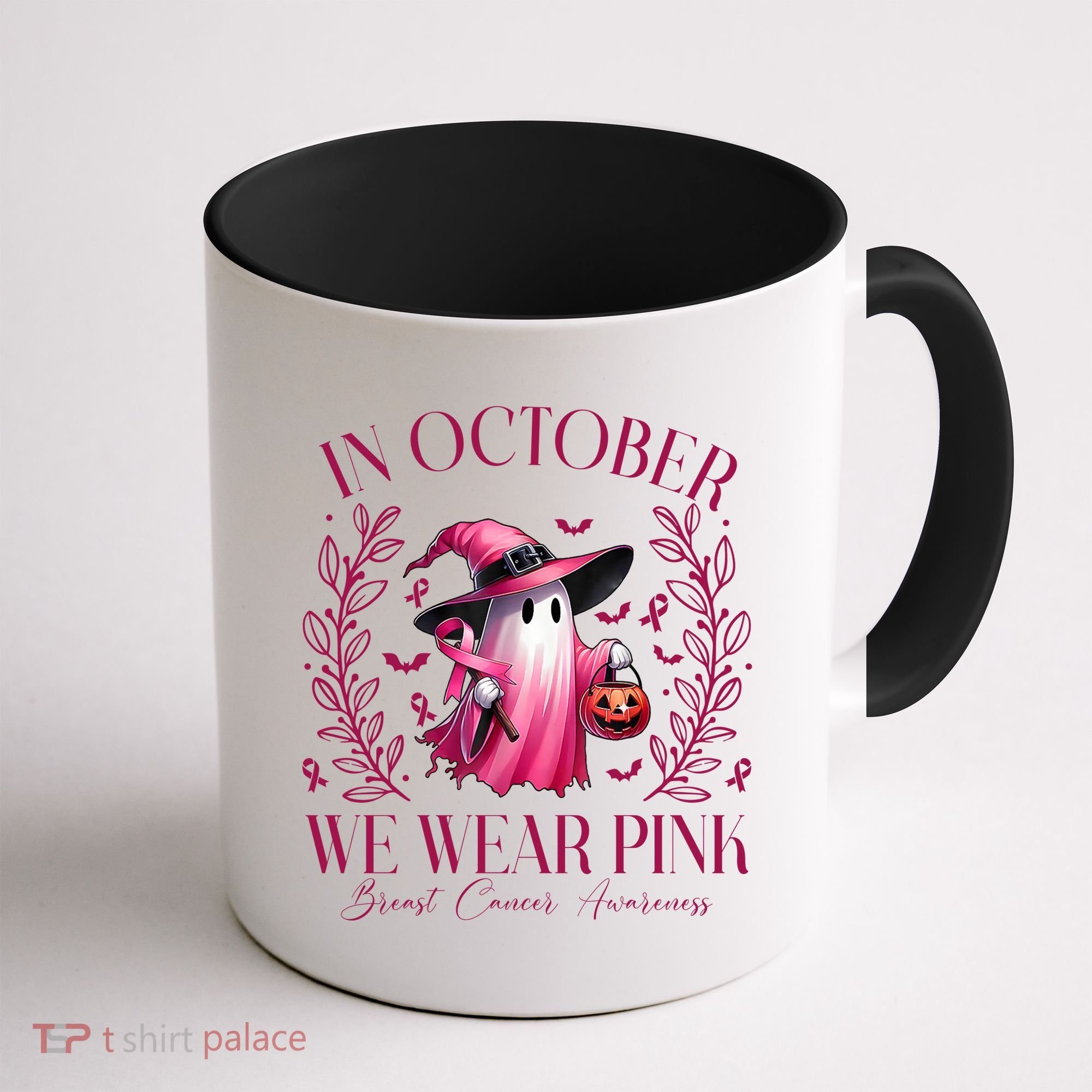 In October We Wear Pink Breast Cancer Awareness Halloween Ghost Coffee Mug