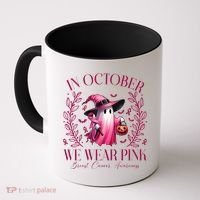 In October We Wear Pink Breast Cancer Awareness Halloween Ghost Coffee Mug thumb 0