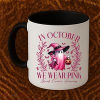 In October We Wear Pink Breast Cancer Awareness Halloween Ghost Coffee Mug thumb 2