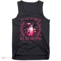 In October We Wear Pink Breast Cancer Awareness Halloween Ghost Tank Top thumb 0