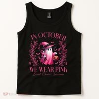 In October We Wear Pink Breast Cancer Awareness Halloween Ghost Tank Top thumb 2