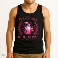 In October We Wear Pink Breast Cancer Awareness Halloween Ghost Tank Top thumb 3