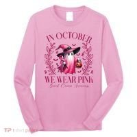 In October We Wear Pink Breast Cancer Awareness Halloween Ghost Long Sleeve Shirt thumb 0