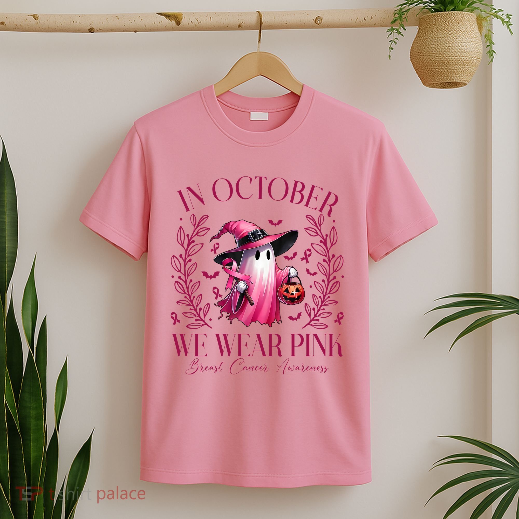 In October We Wear Pink Breast Cancer Awareness Halloween Ghost T-Shirt