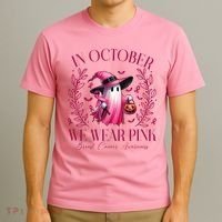 In October We Wear Pink Breast Cancer Awareness Halloween Ghost T-Shirt thumb 3