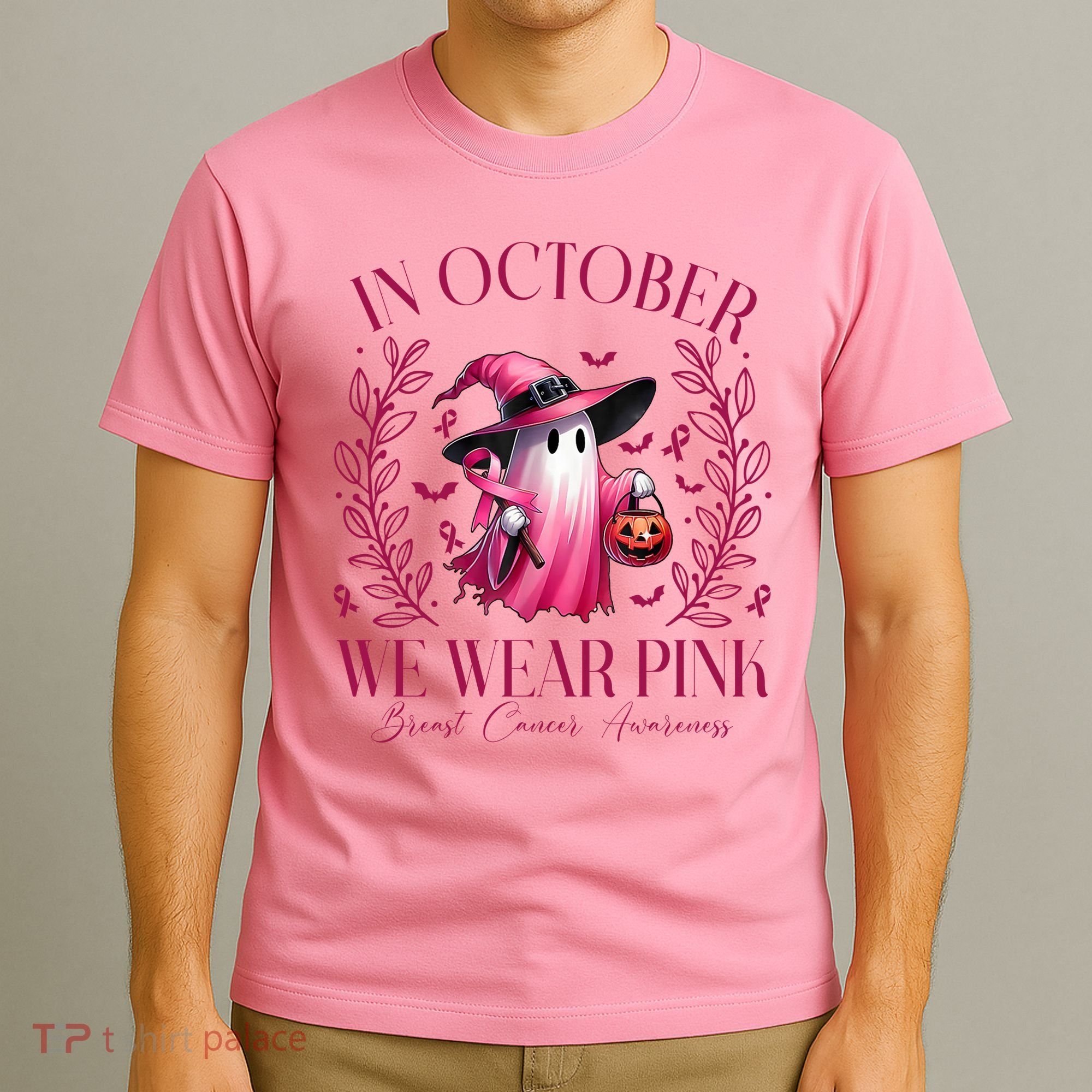 In October We Wear Pink Breast Cancer Awareness Halloween Ghost T-Shirt