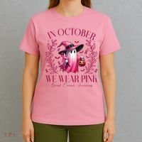 In October We Wear Pink Breast Cancer Awareness Halloween Ghost T-Shirt thumb 4