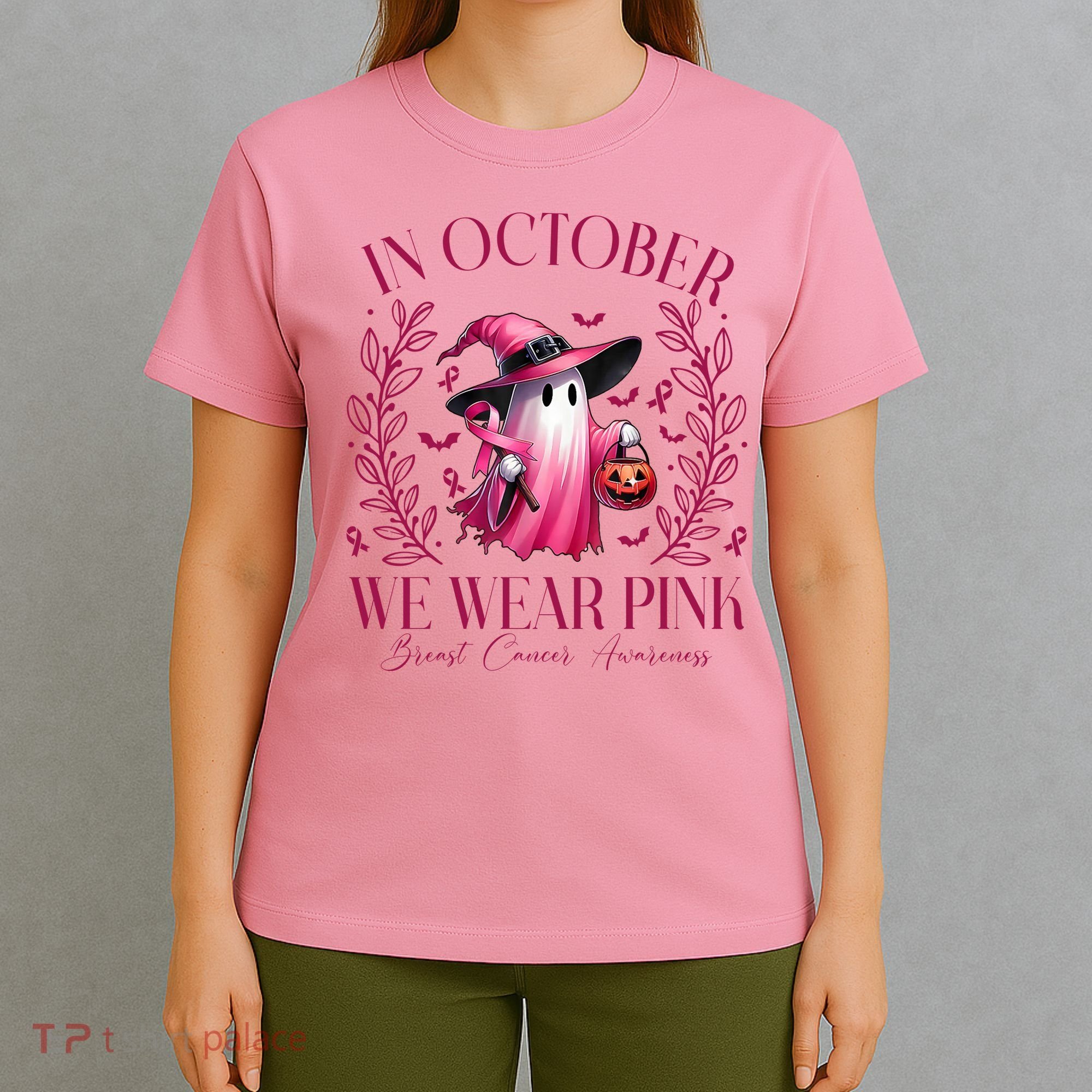 In October We Wear Pink Breast Cancer Awareness Halloween Ghost T-Shirt