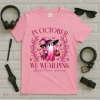 In October We Wear Pink Breast Cancer Awareness Halloween Ghost T-Shirt thumb 5