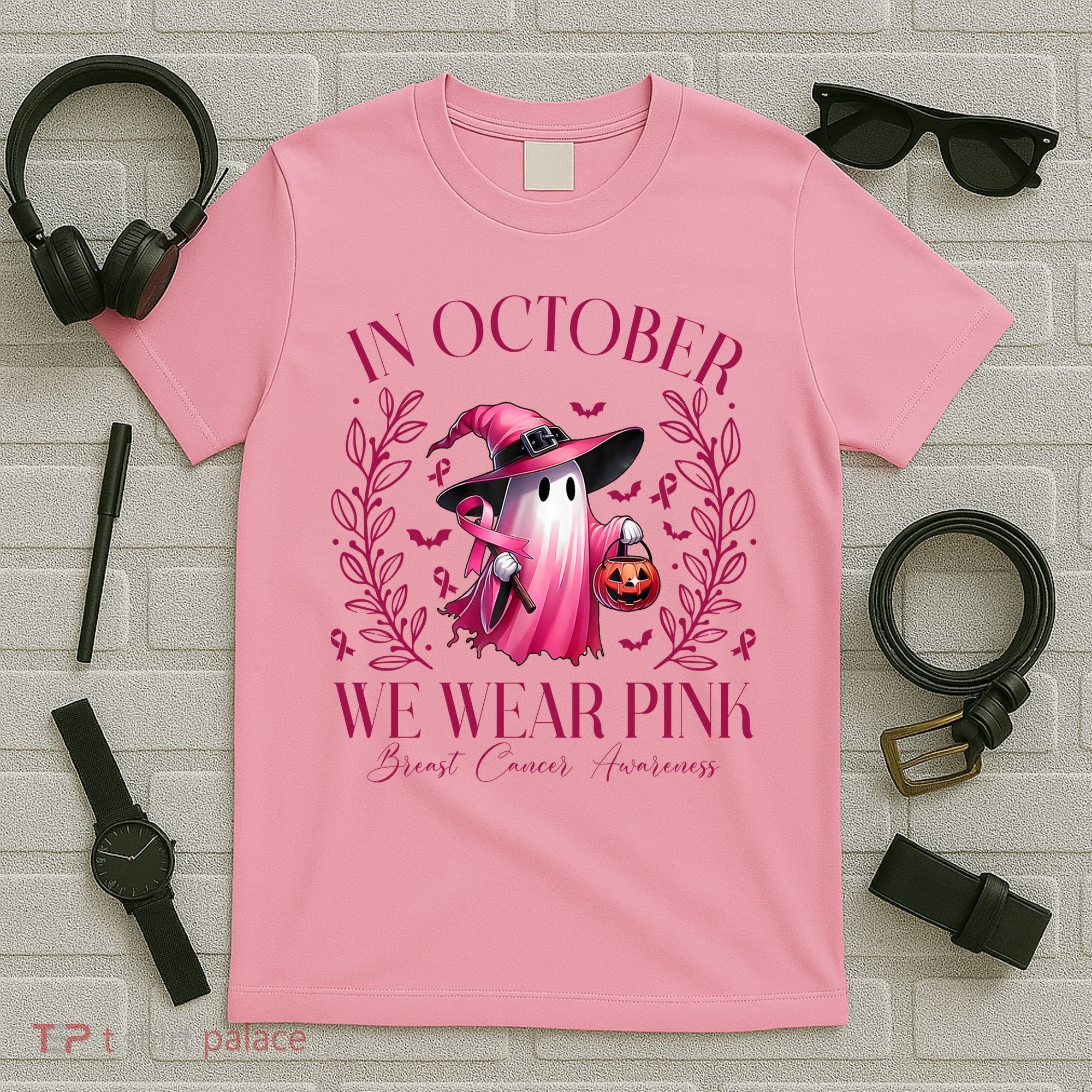 In October We Wear Pink Breast Cancer Awareness Halloween Ghost T-Shirt