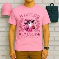 In October We Wear Pink Breast Cancer Awareness Halloween Ghost T-Shirt thumb 6