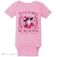 In October We Wear Pink Breast Cancer Awareness Halloween Ghost Baby Bodysuit thumb 0