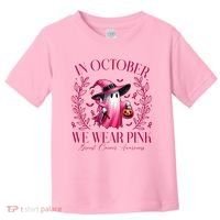 In October We Wear Pink Breast Cancer Awareness Halloween Ghost Toddler T-Shirt thumb 0