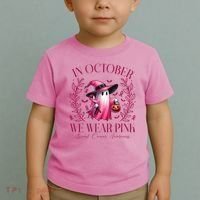 In October We Wear Pink Breast Cancer Awareness Halloween Ghost Toddler T-Shirt thumb 2