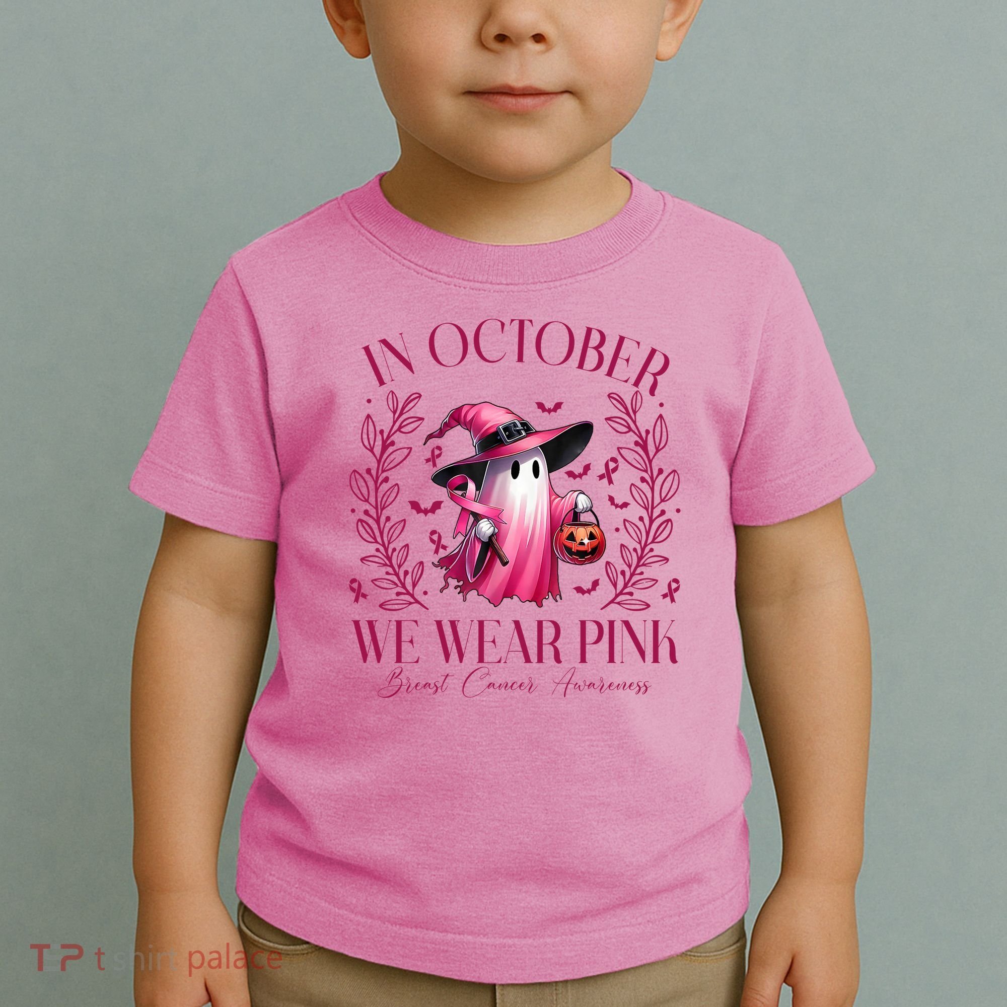 In October We Wear Pink Breast Cancer Awareness Halloween Ghost Toddler T-Shirt