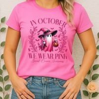 In October We Wear Pink Breast Cancer Awareness Halloween Ghost Women's T-Shirt thumb 2