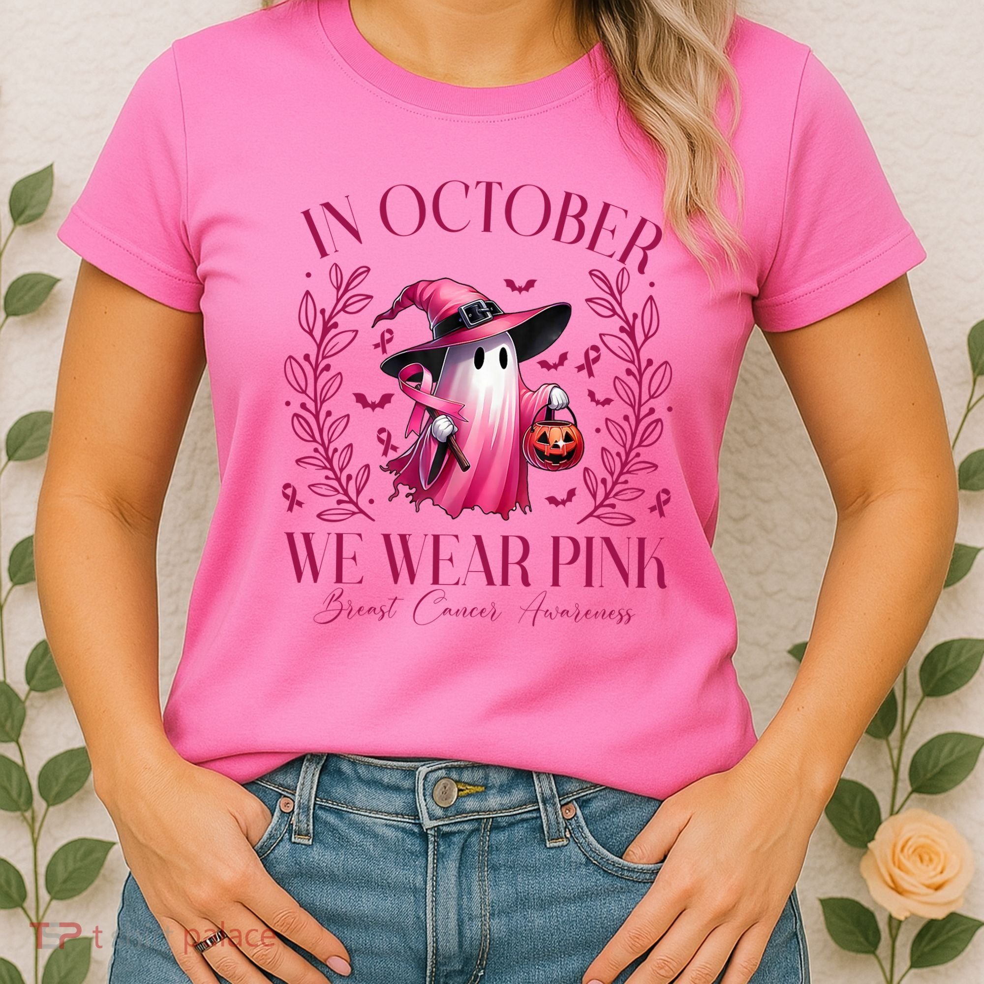 In October We Wear Pink Breast Cancer Awareness Halloween Ghost Women's T-Shirt