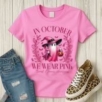 In October We Wear Pink Breast Cancer Awareness Halloween Ghost Women's T-Shirt thumb 3