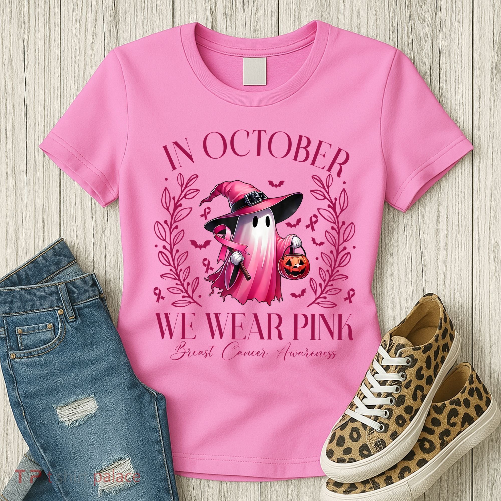In October We Wear Pink Breast Cancer Awareness Halloween Ghost Women's T-Shirt