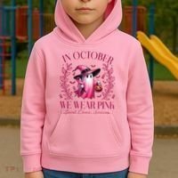 In October We Wear Pink Breast Cancer Awareness Halloween Ghost Kids Hoodie thumb 2