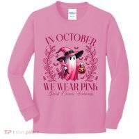 In October We Wear Pink Breast Cancer Awareness Halloween Ghost Kids Long Sleeve Shirt thumb 0