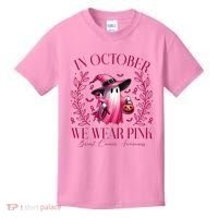 In October We Wear Pink Breast Cancer Awareness Halloween Ghost Kids T-Shirt thumb 0
