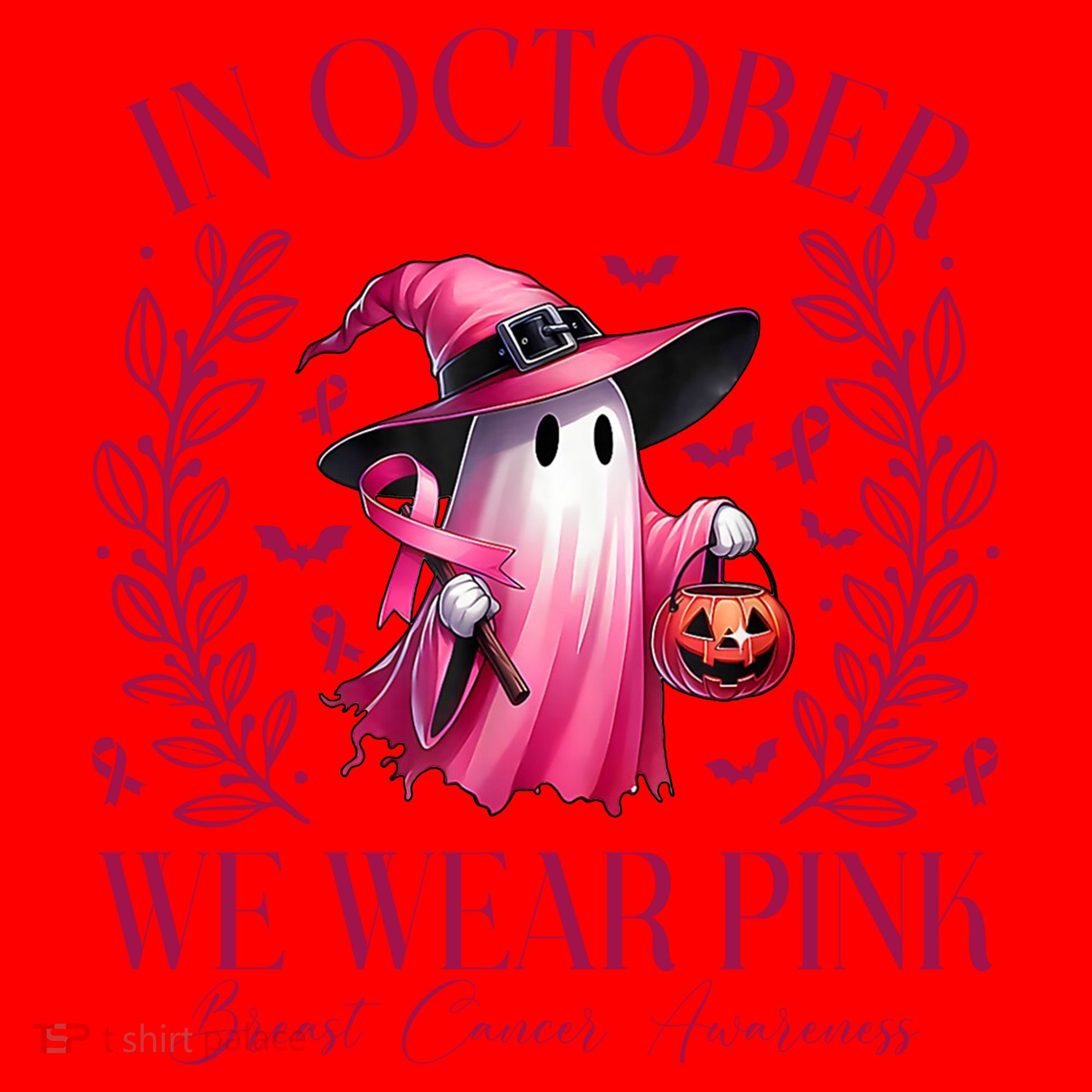 In October We Wear Pink Breast Cancer Awareness Halloween Ghost Santa Hat
