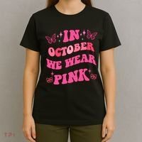 In October We Wear Pink Breast Cancer Butterflies T-Shirt thumb 4