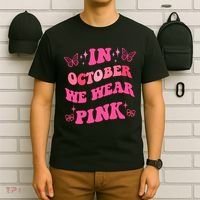 In October We Wear Pink Breast Cancer Butterflies T-Shirt thumb 6