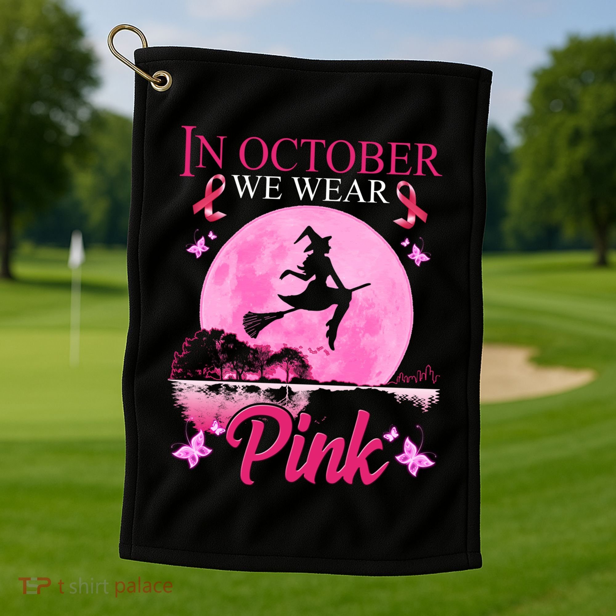 In October We Wear Pink Halloween Breast Cancer Golf Towel