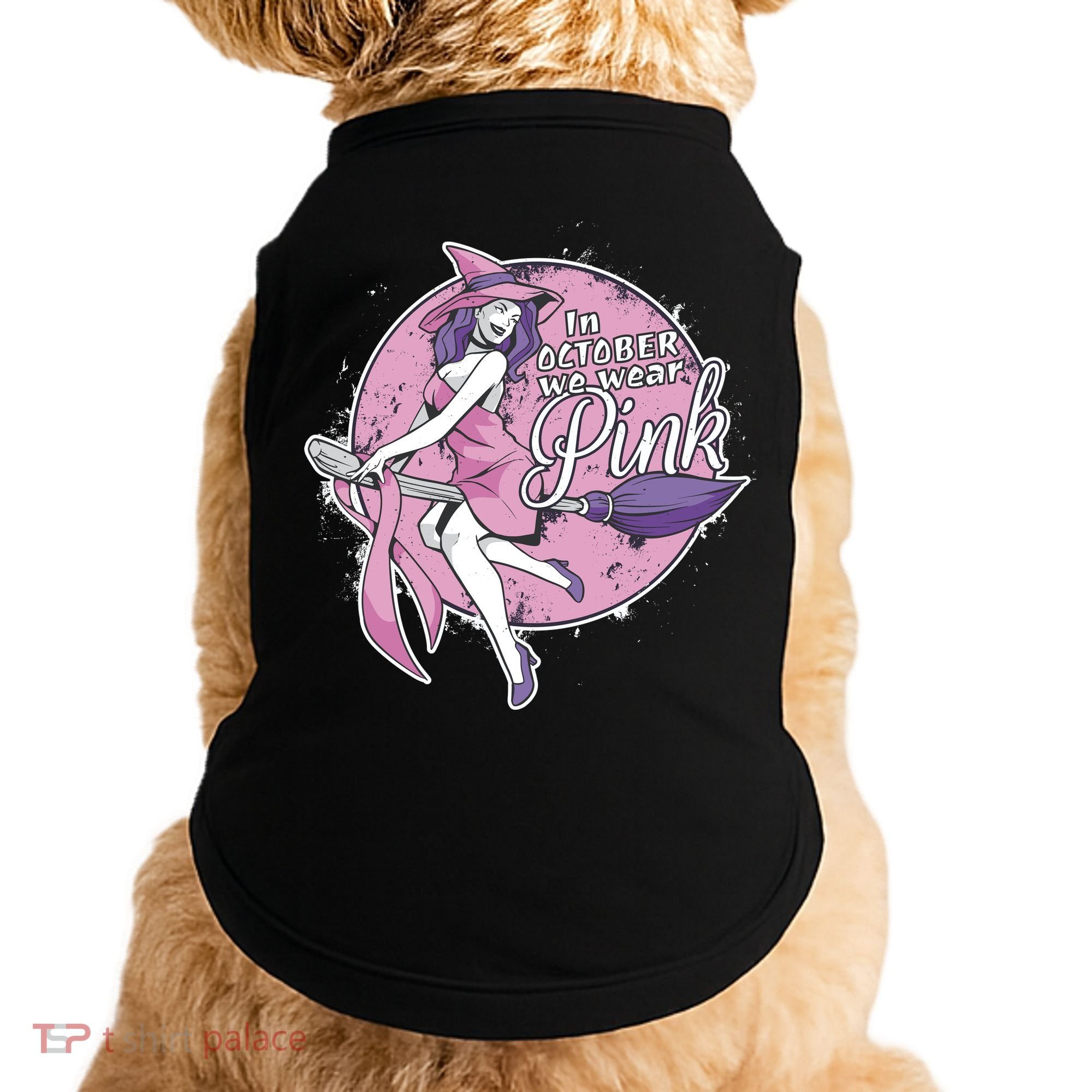 In October We Wear Pink Breast Cancer Witch Halloween Doggie Tank