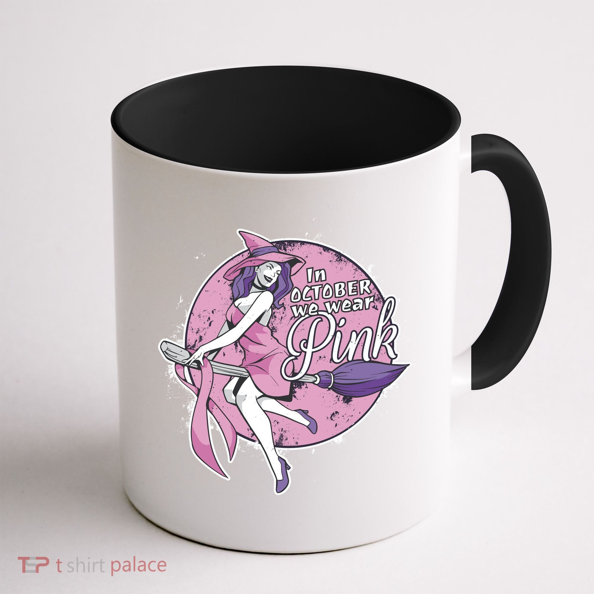 In October We Wear Pink Breast Cancer Witch Halloween Coffee Mug