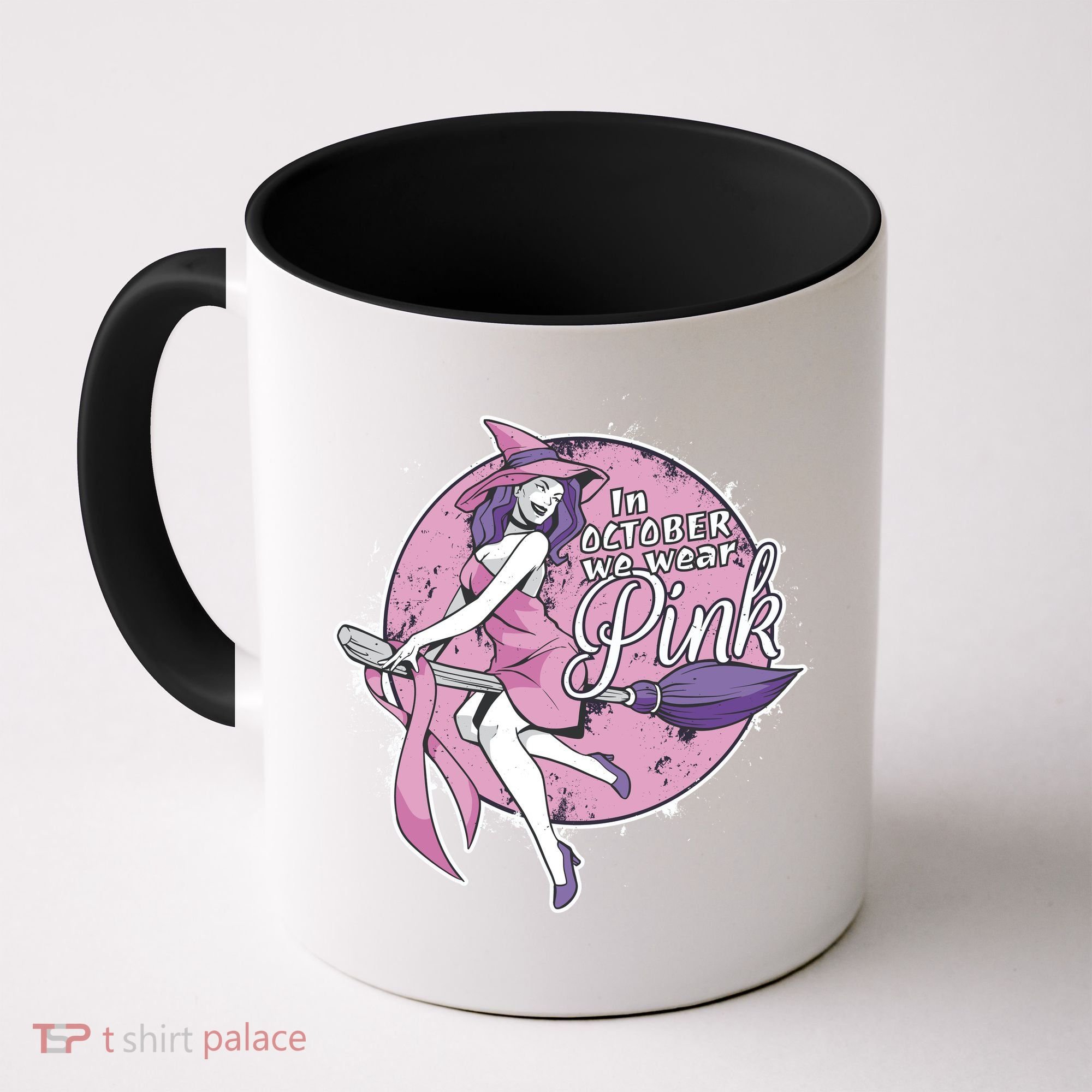 In October We Wear Pink Breast Cancer Witch Halloween Coffee Mug