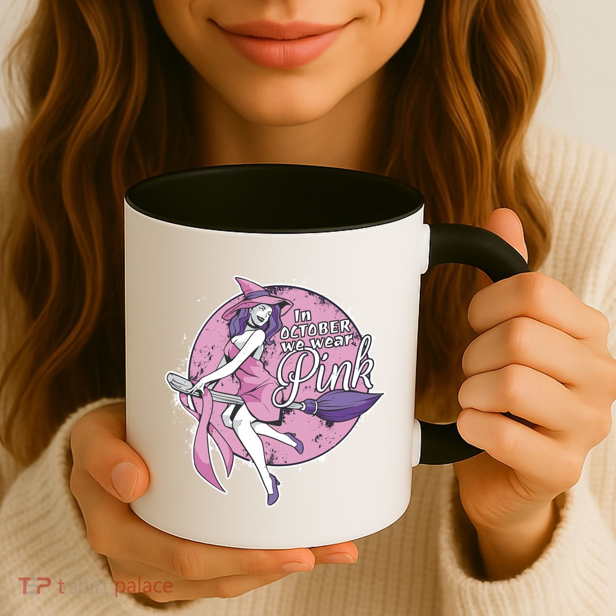 In October We Wear Pink Breast Cancer Witch Halloween Coffee Mug
