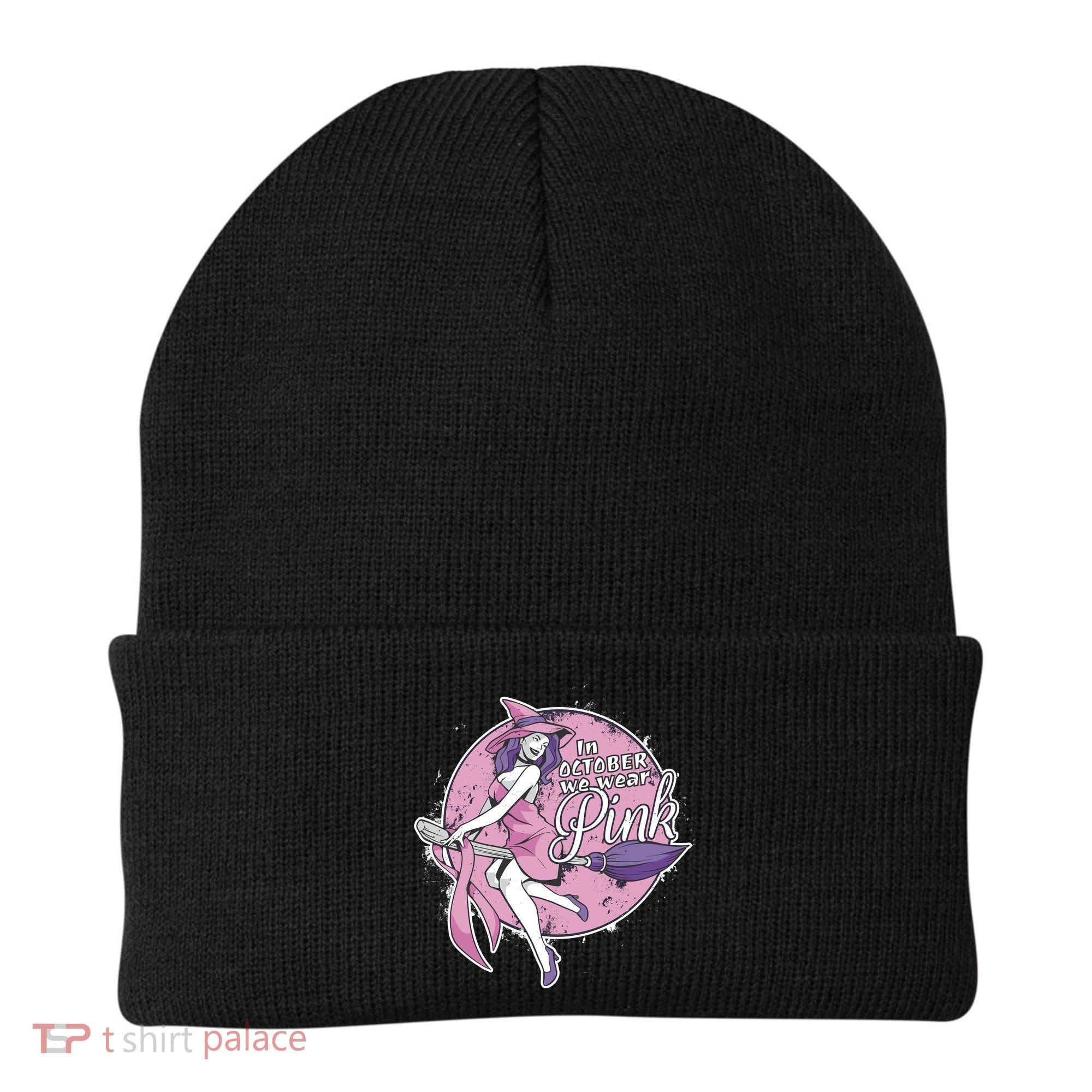 In October We Wear Pink Breast Cancer Witch Halloween Beanie