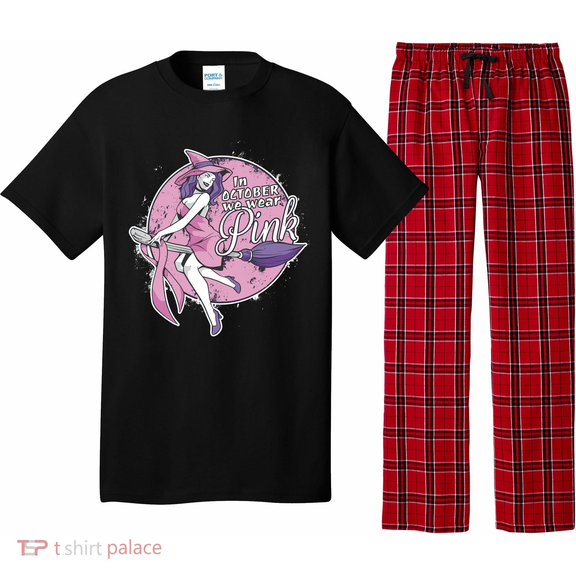 In October We Wear Pink Breast Cancer Witch Halloween Pajama Set
