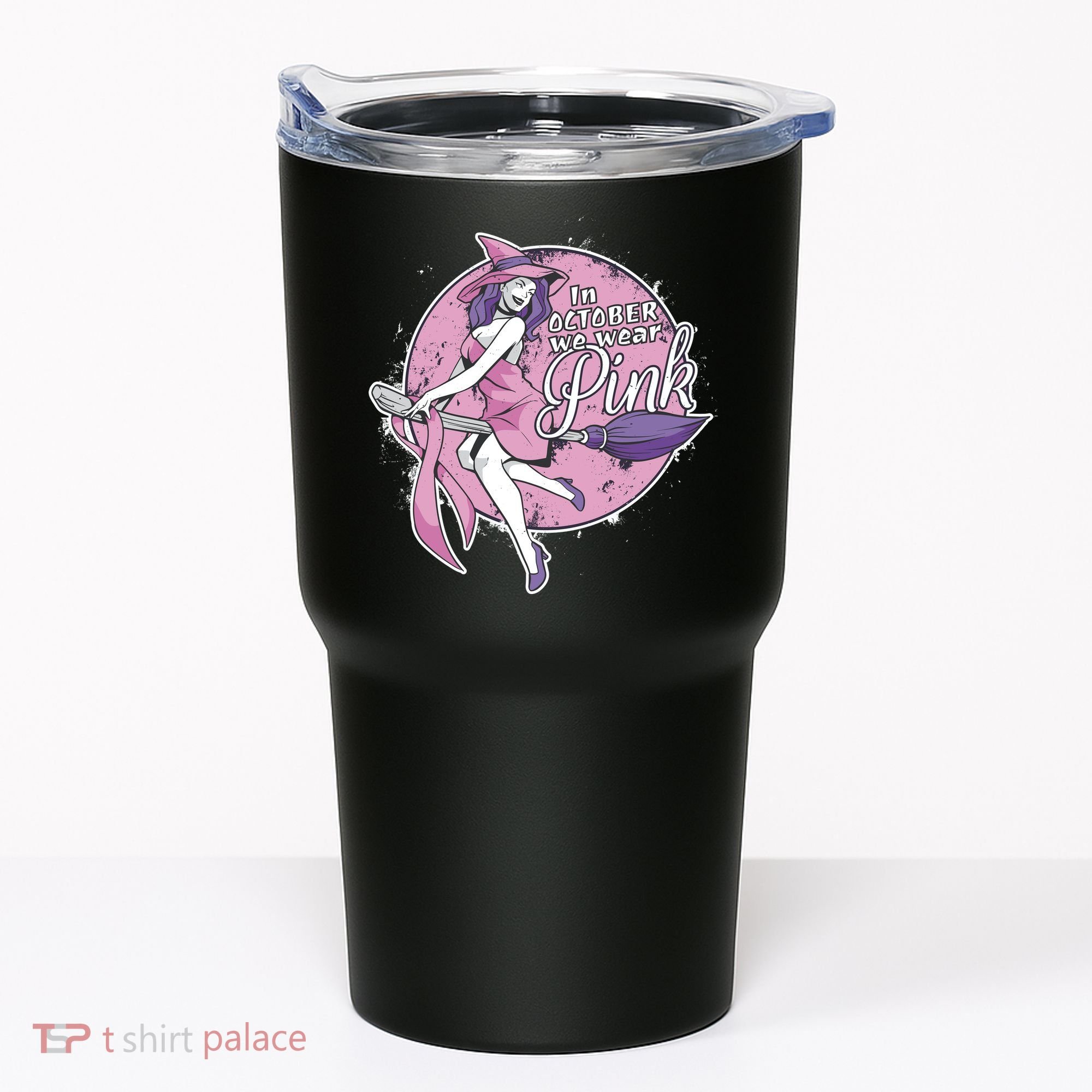 In October We Wear Pink Breast Cancer Witch Halloween Tumbler