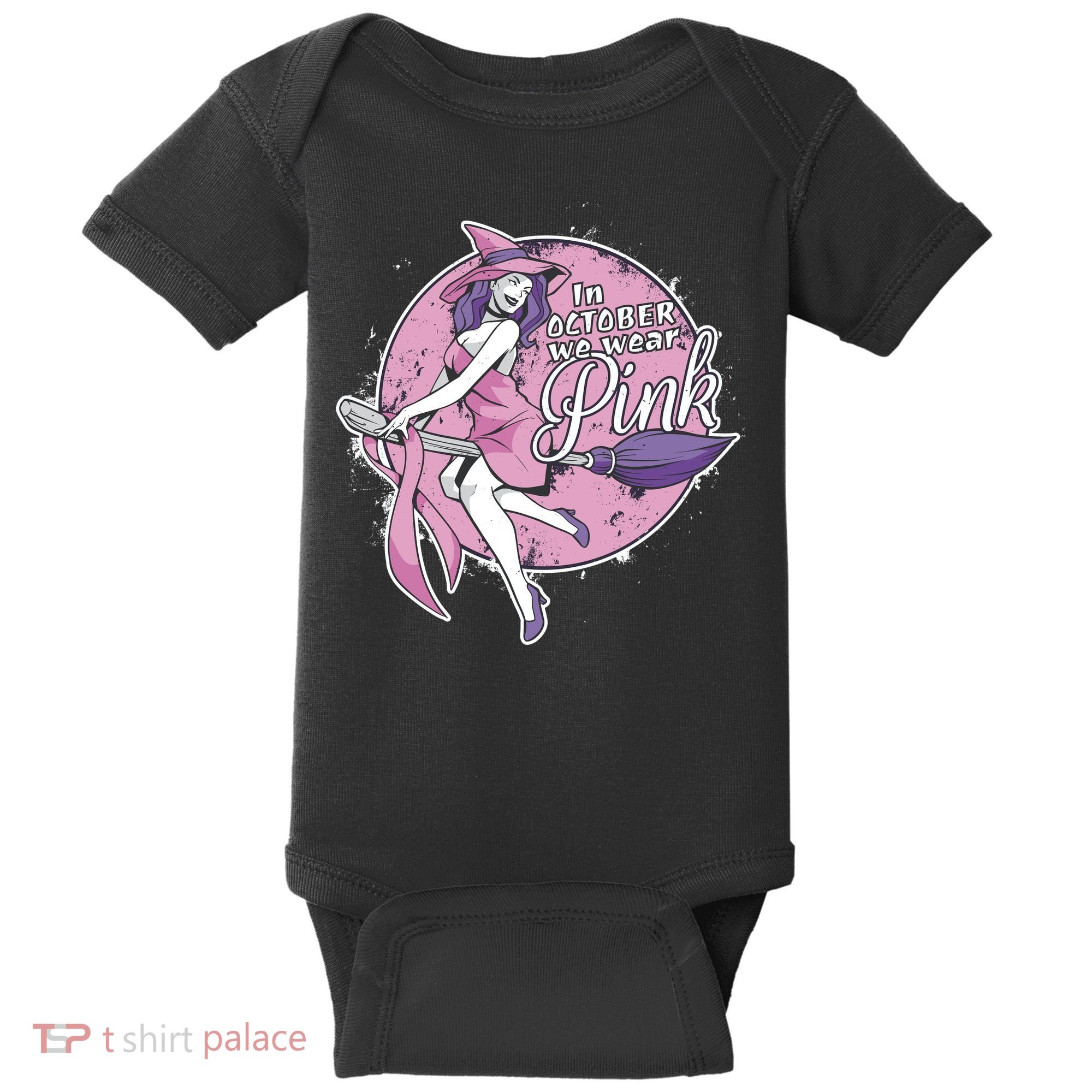 In October We Wear Pink Breast Cancer Witch Halloween Baby Bodysuit