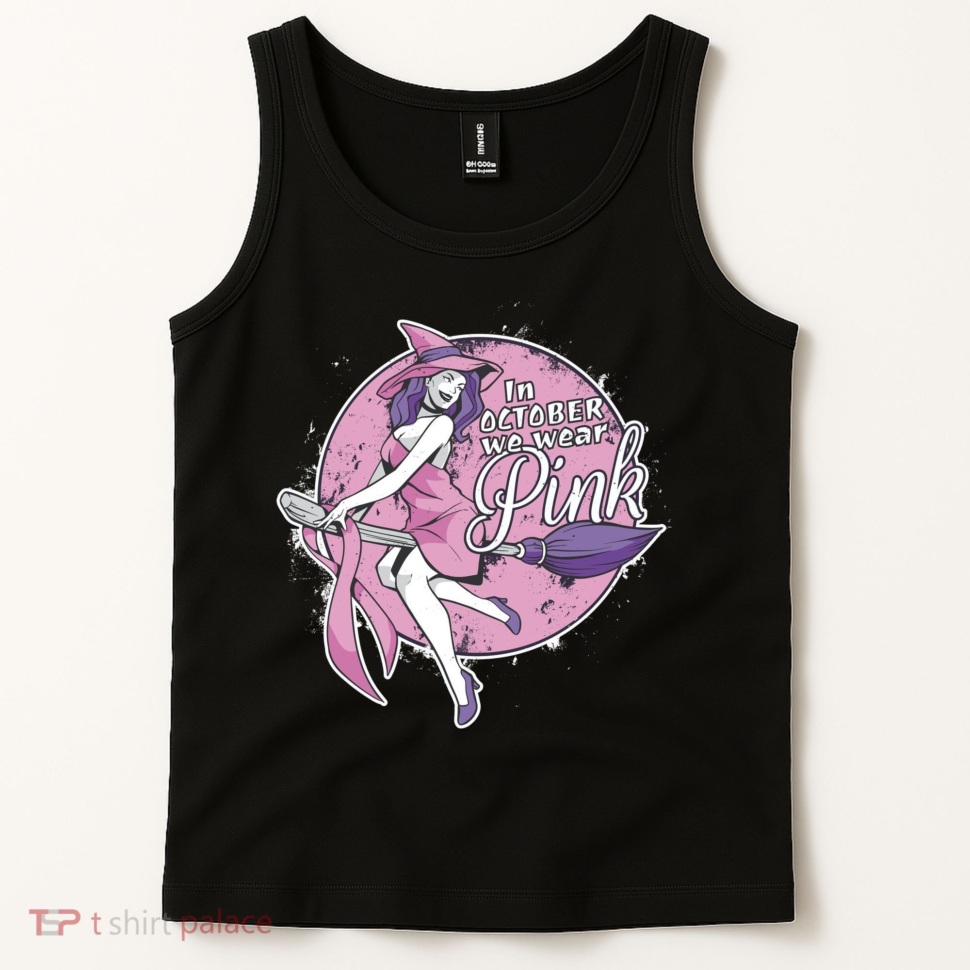In October We Wear Pink Breast Cancer Witch Halloween Tank Top