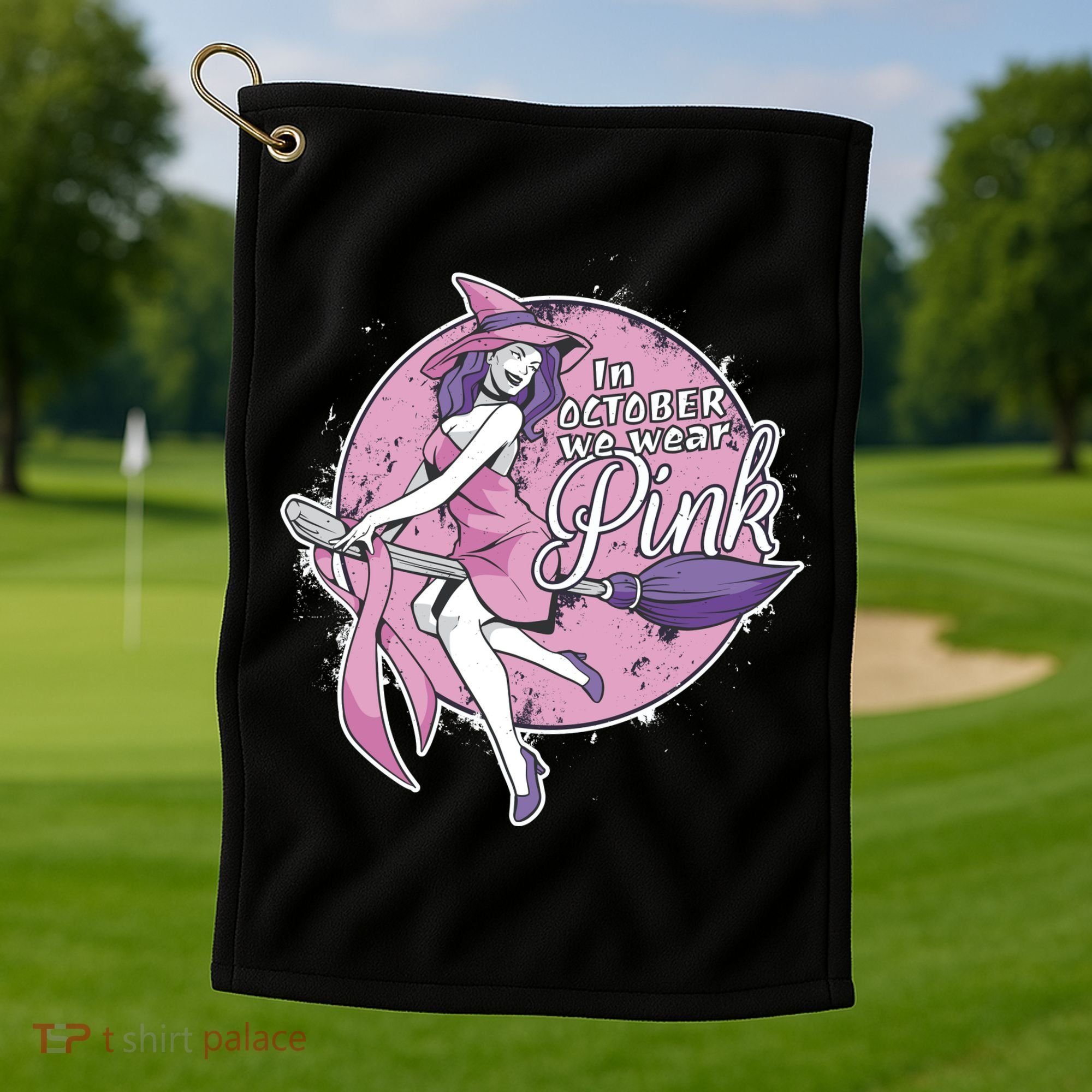In October We Wear Pink Breast Cancer Witch Halloween Golf Towel