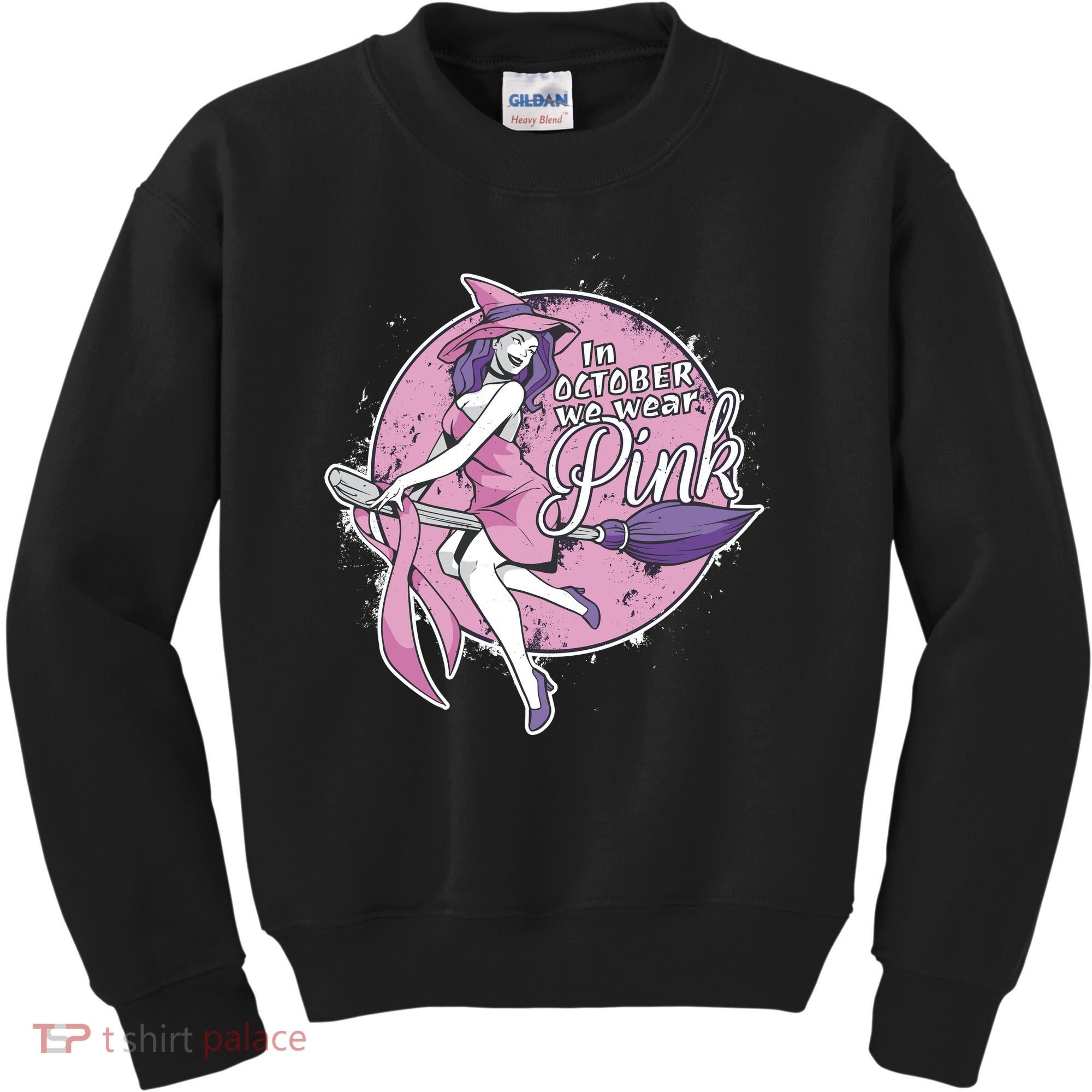 In October We Wear Pink Breast Cancer Witch Halloween Kids Sweatshirt
