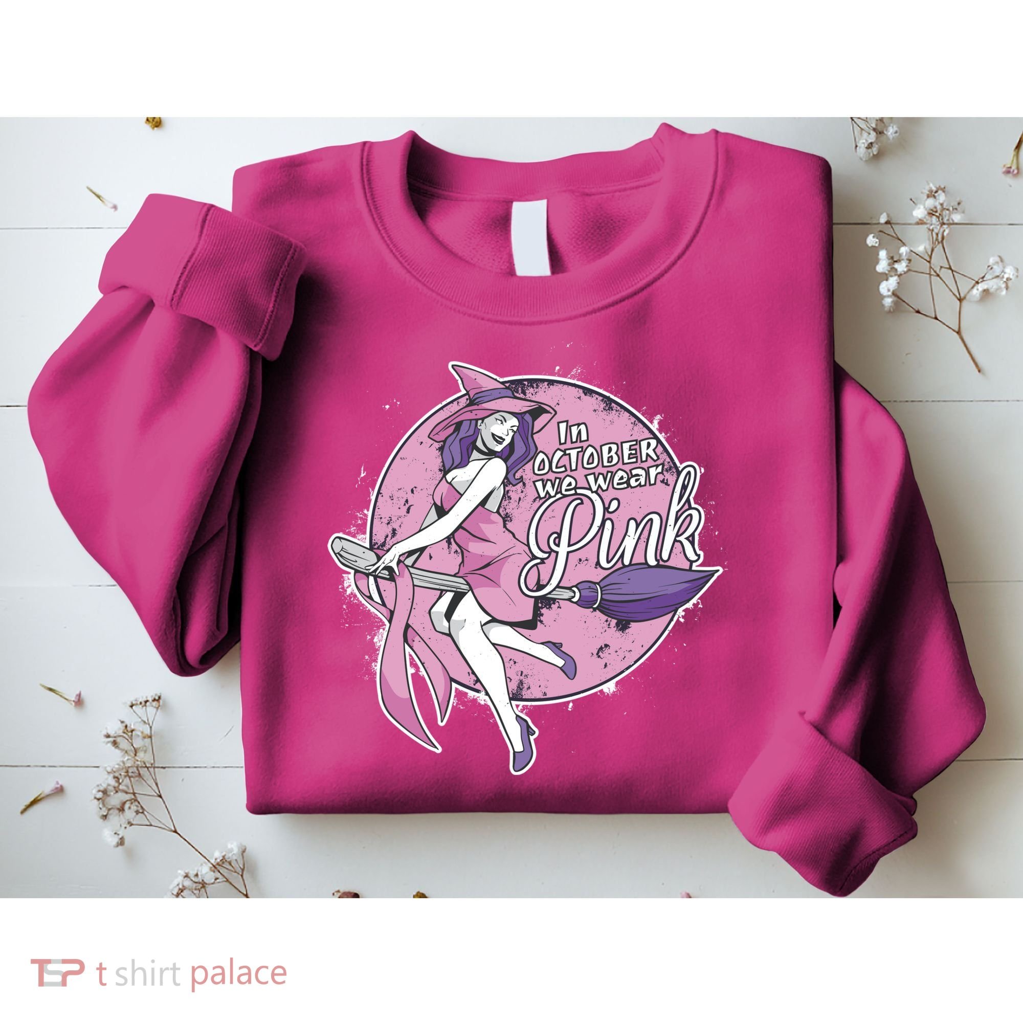 In October We Wear Pink Breast Cancer Witch Halloween Sweatshirt