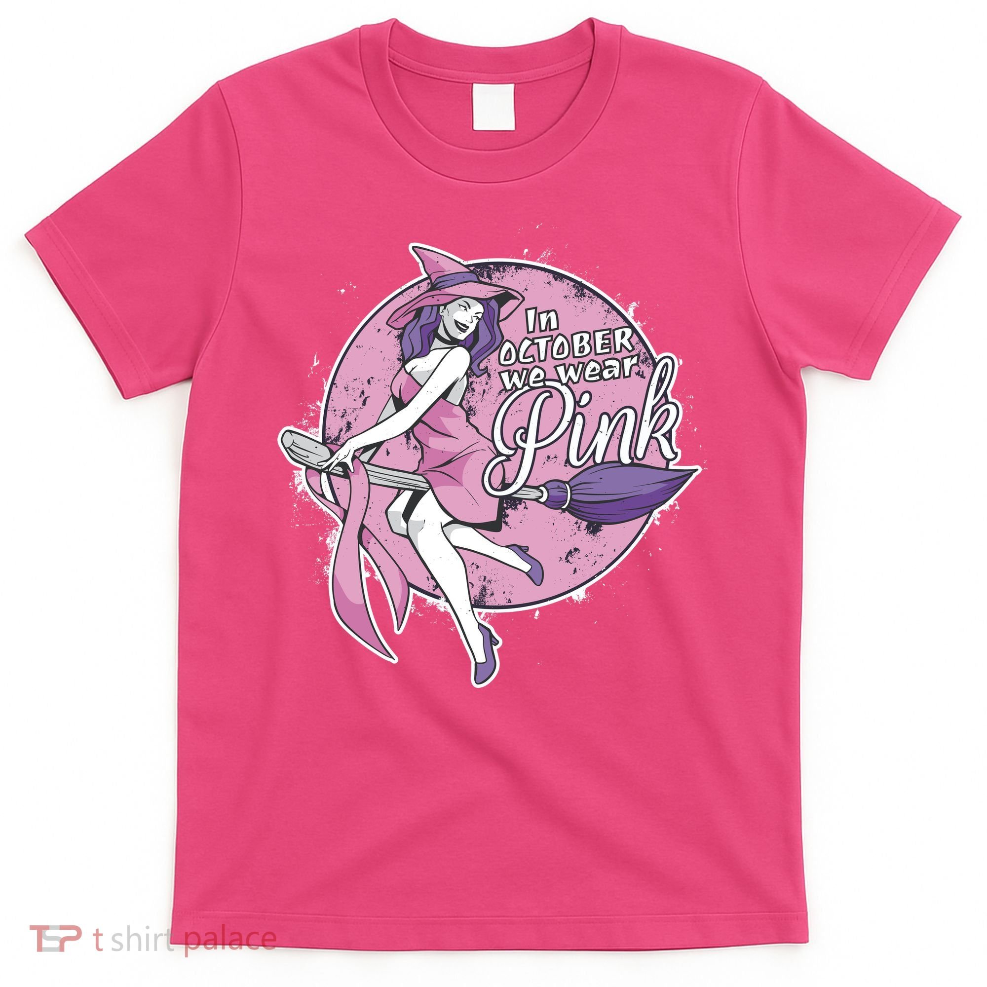 In October We Wear Pink Breast Cancer Witch Halloween T-Shirt