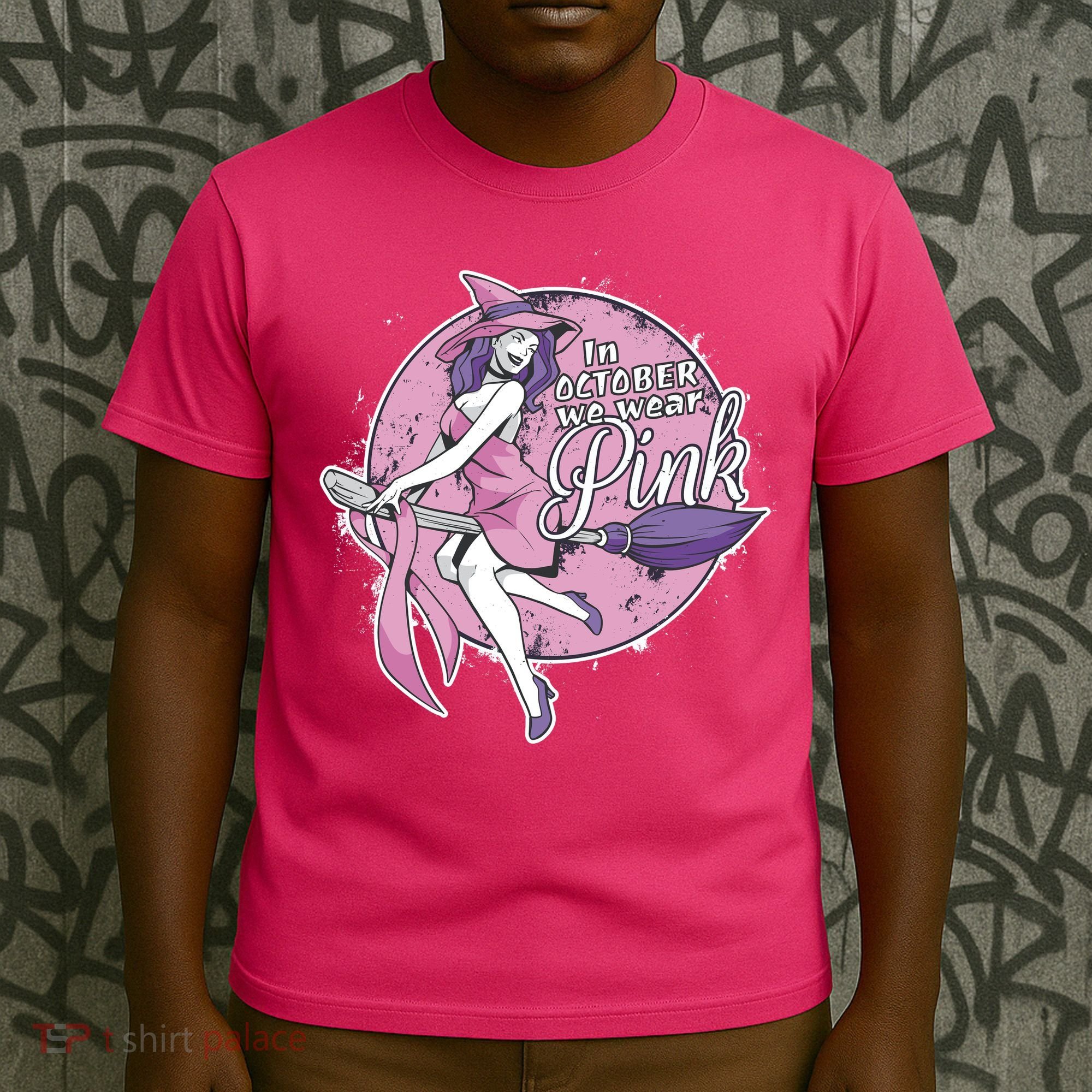 In October We Wear Pink Breast Cancer Witch Halloween T-Shirt