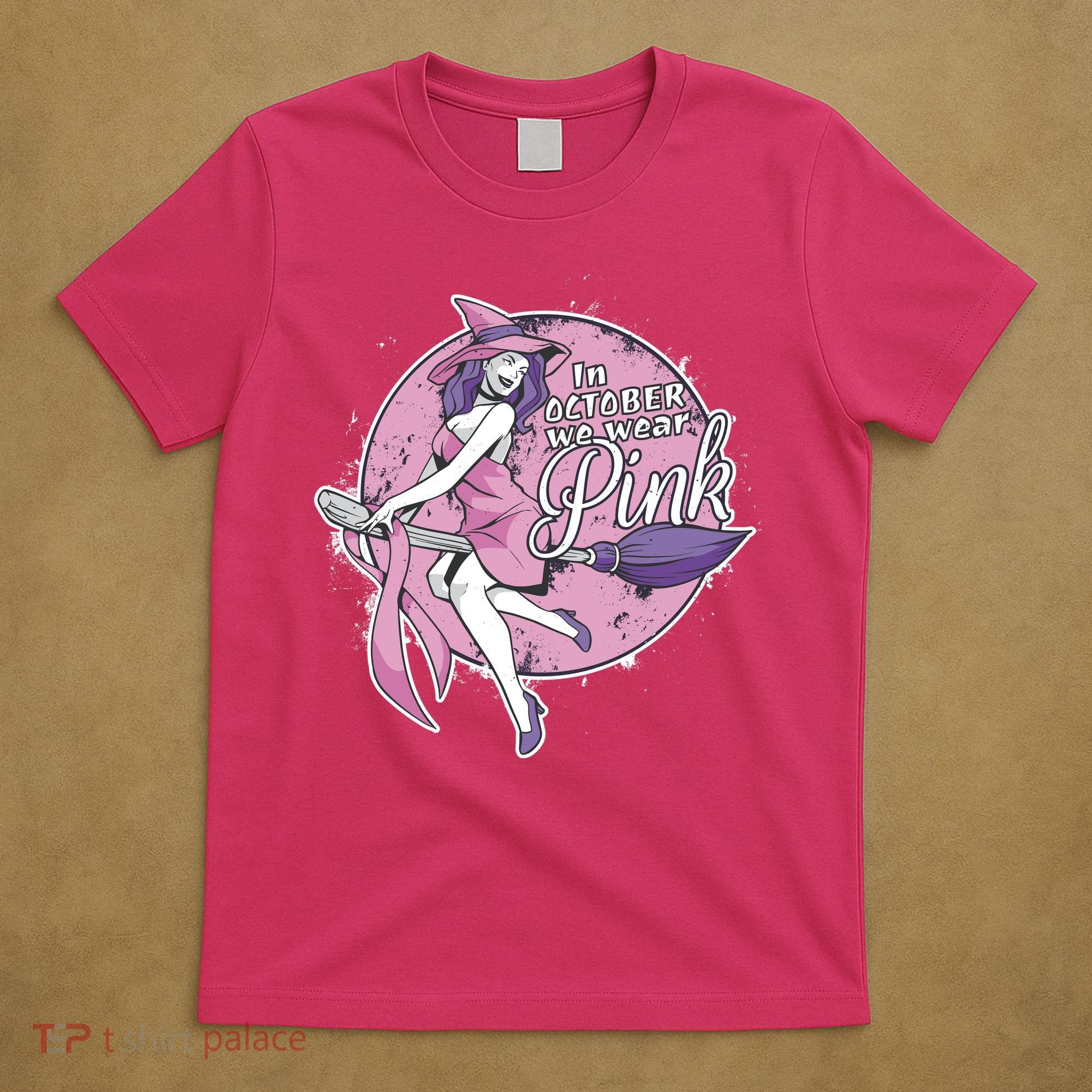 In October We Wear Pink Breast Cancer Witch Halloween T-Shirt